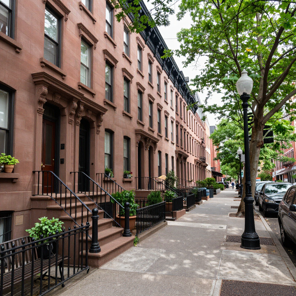 Tree-lined brownstone street with parked cars and row houses on a sunny day
