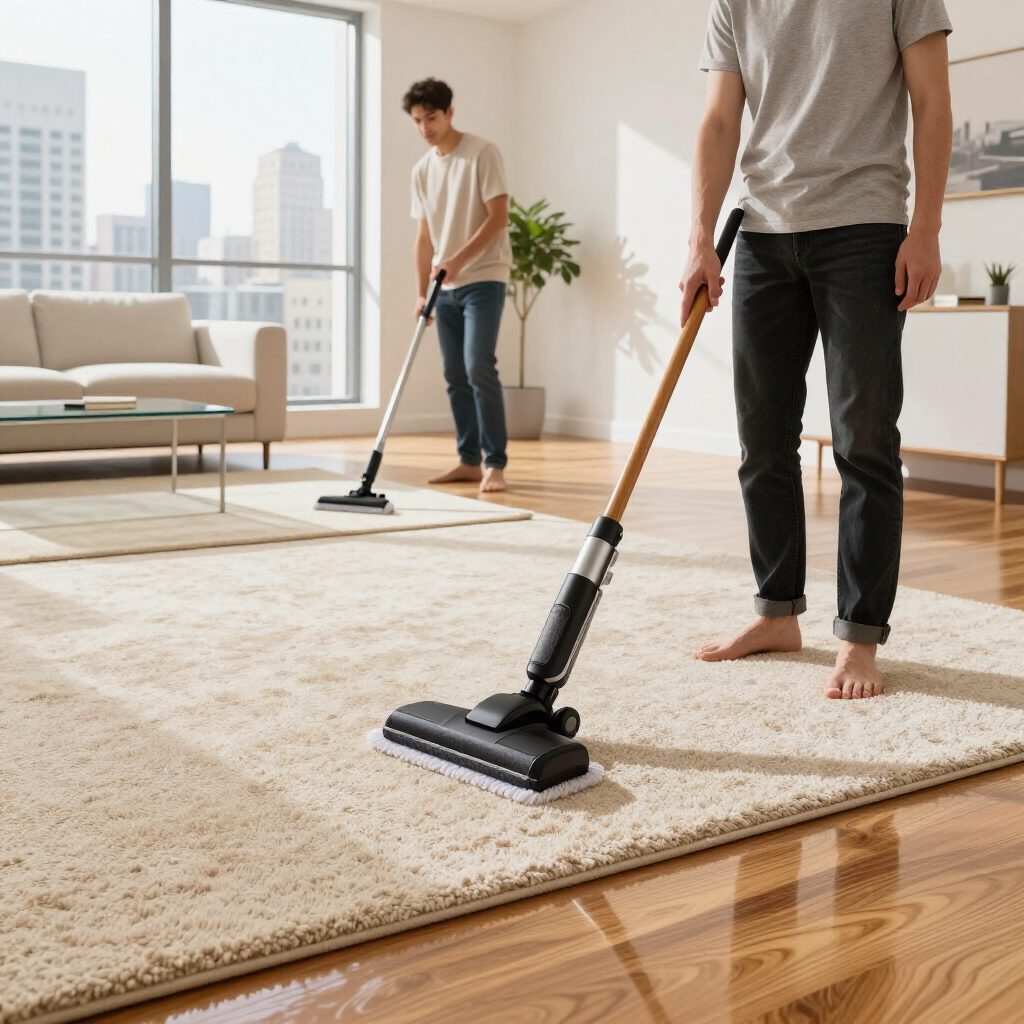 Two people vacuuming a beige rug in a bright living room with city windows