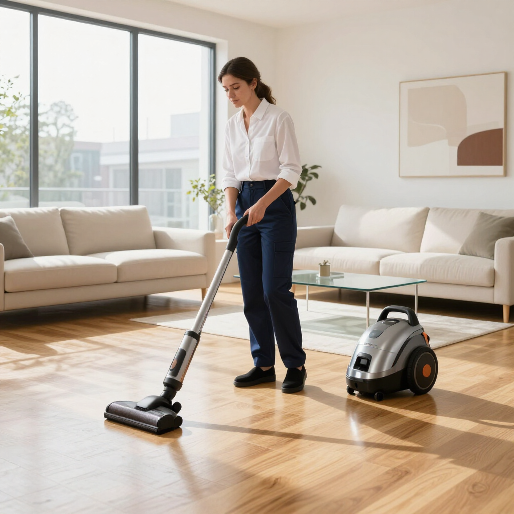 Woman vacuuming a bright living room with a canister vacuum and hardwood floors