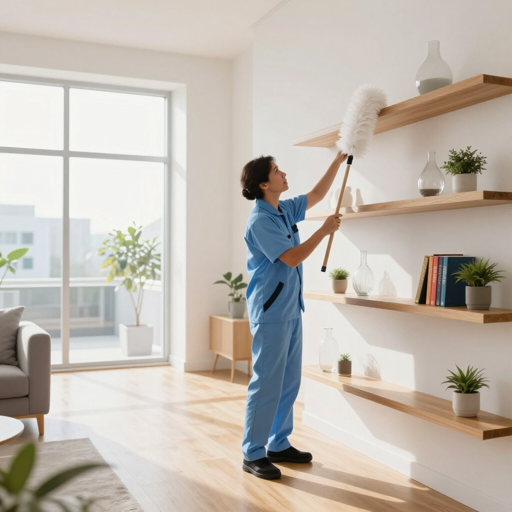 Person dusting wooden wall shelves in a bright living room with a window and potted plants