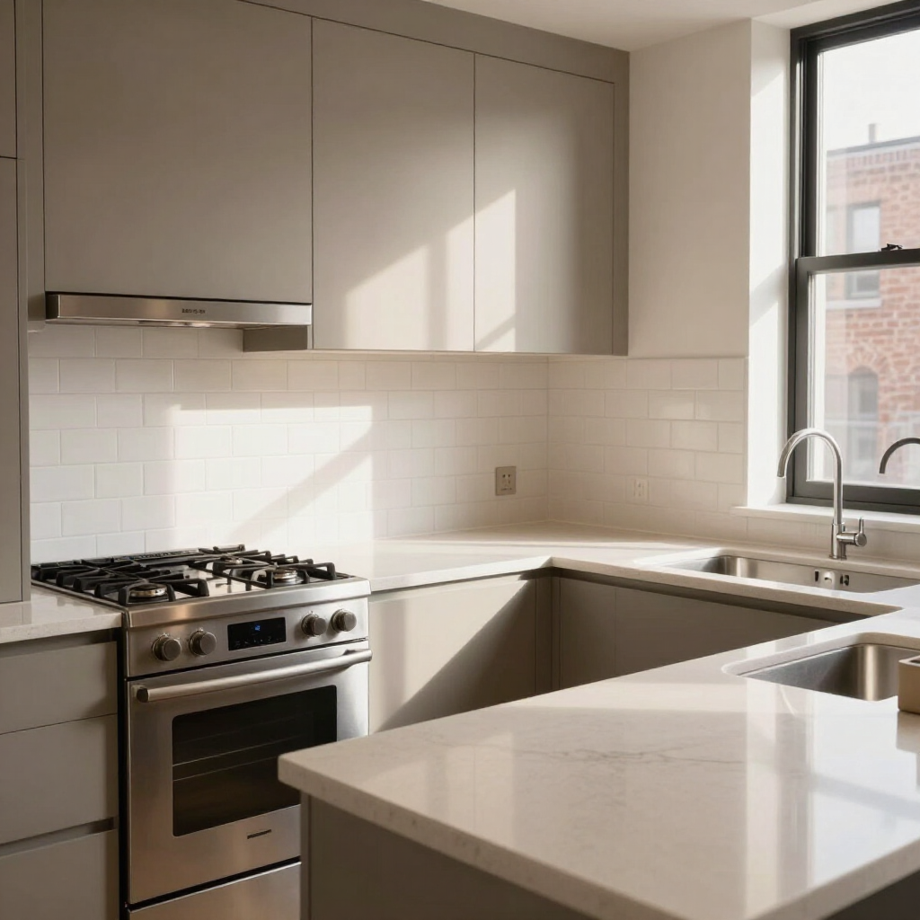Modern white kitchen with gas stove, built-in oven, sink, and sunlit countertops