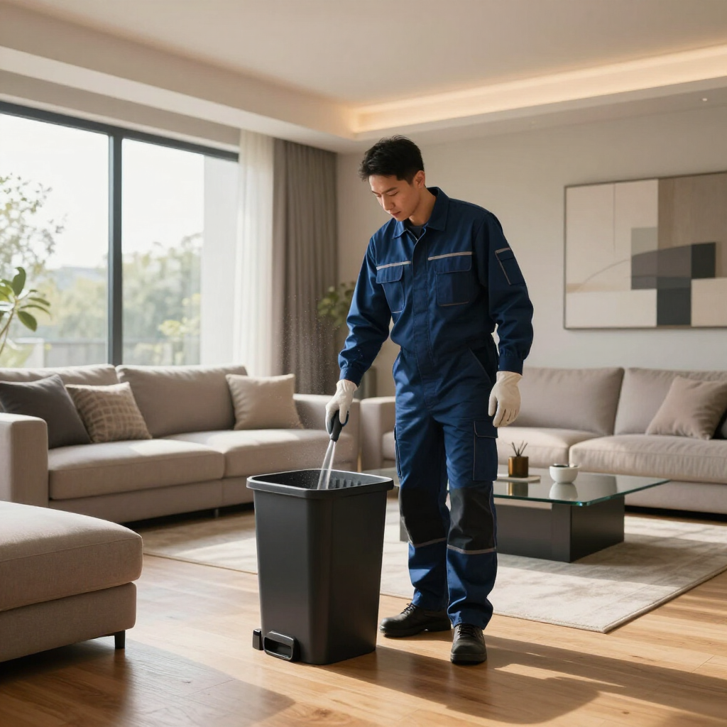 Cleaner vacuuming a modern living room beside a sofa and coffee table