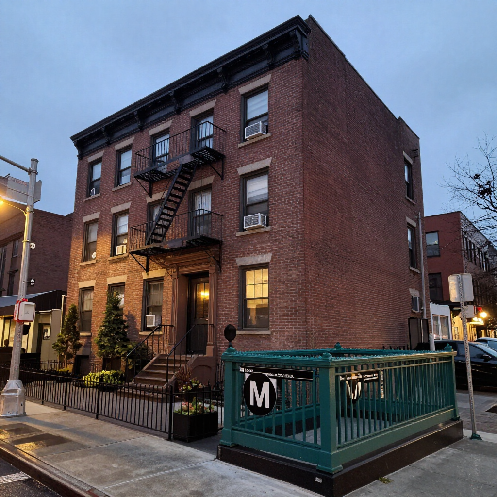 Brick apartment building at dusk with fire escapes and a green subway entrance stairwell