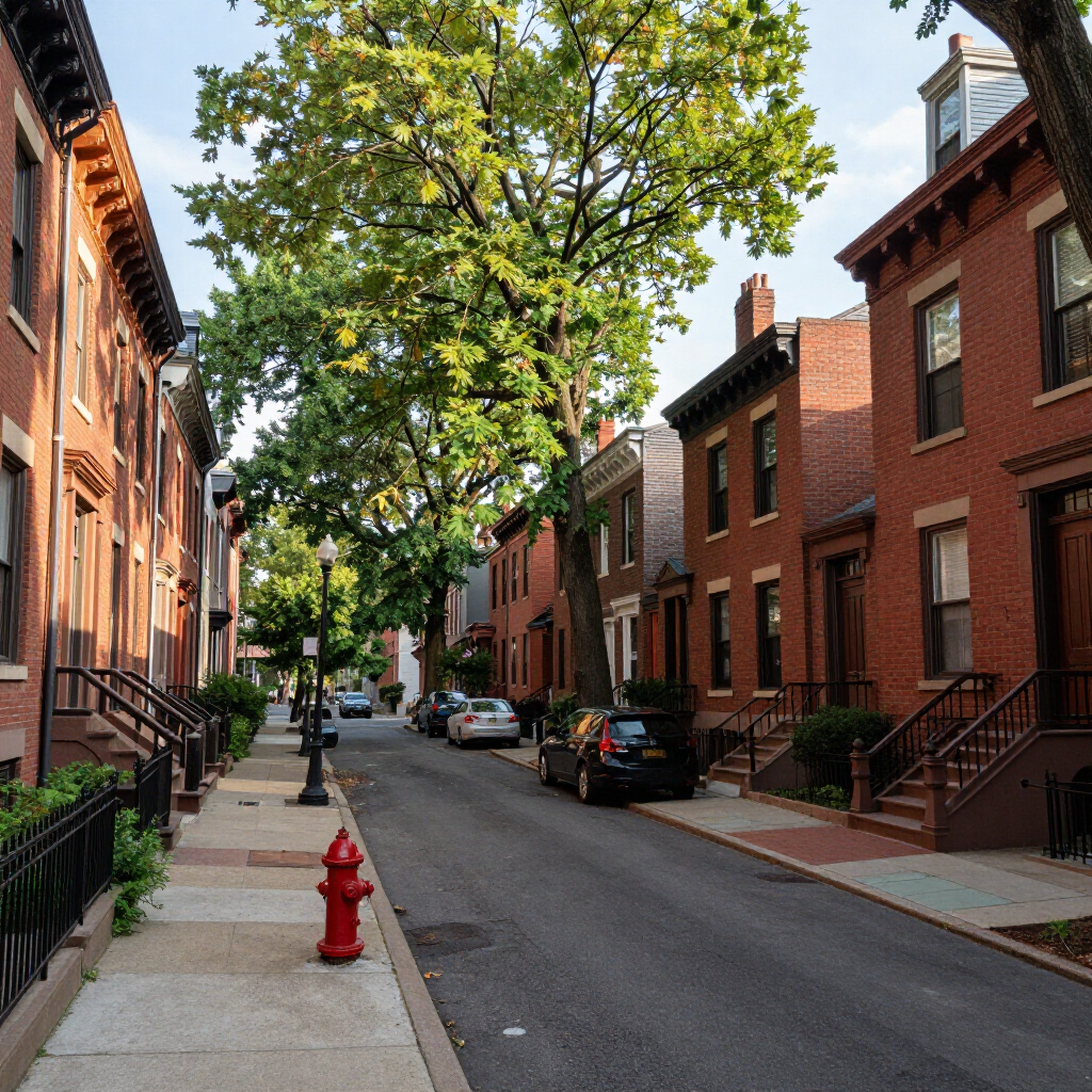 Quiet residential street with red-brick row houses, trees, parked cars, and a red fire hydrant.