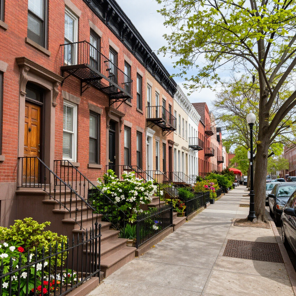 Tree-lined sidewalk beside brick row houses with stoops, black railings, and parked cars on a quiet city street