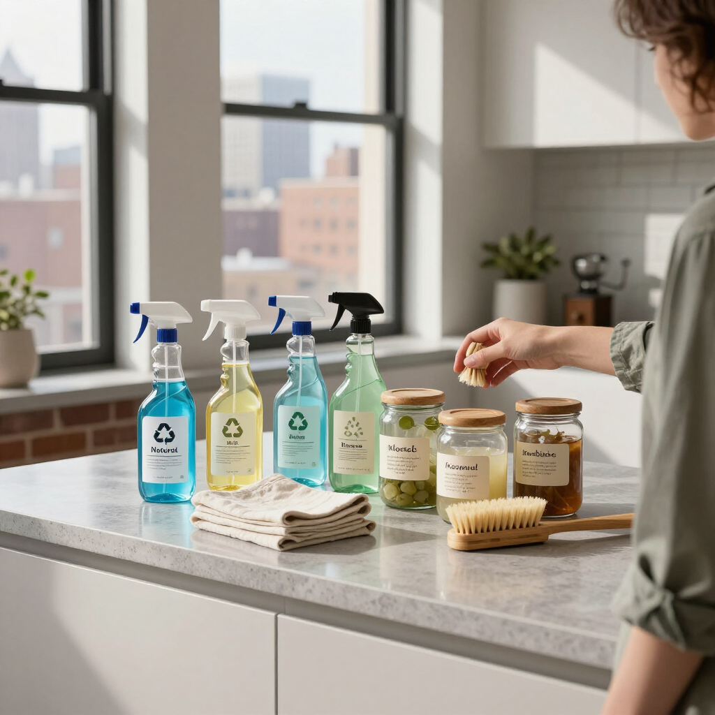 Cleaning products and brushes arranged on a kitchen counter, with a person reaching for a jar.