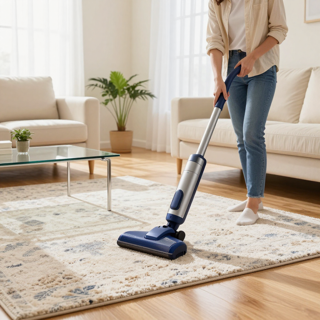 Person vacuuming a beige rug in a bright living room with a blue cordless vacuum