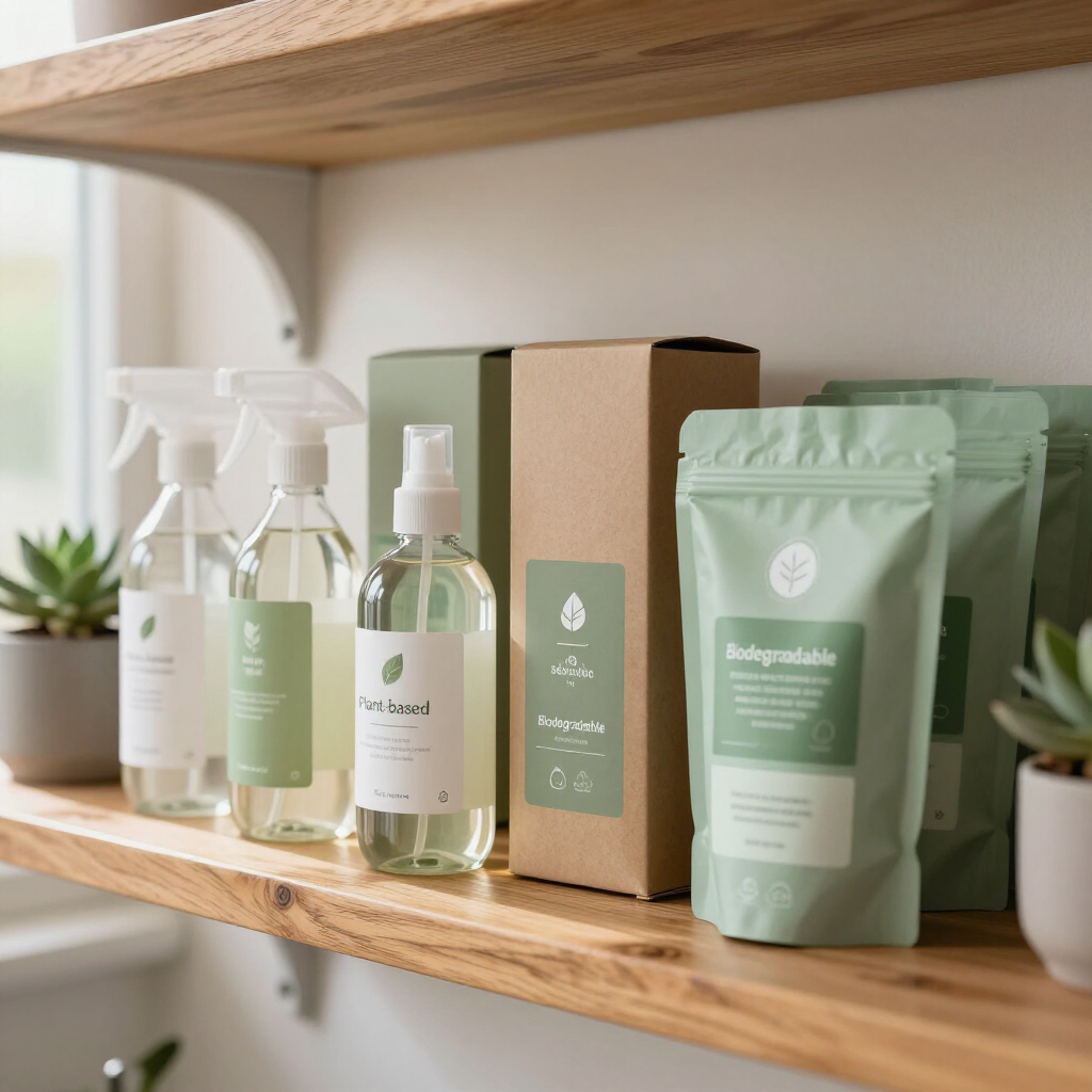 Green and white cleaning product bottles and pouches on a wooden shelf