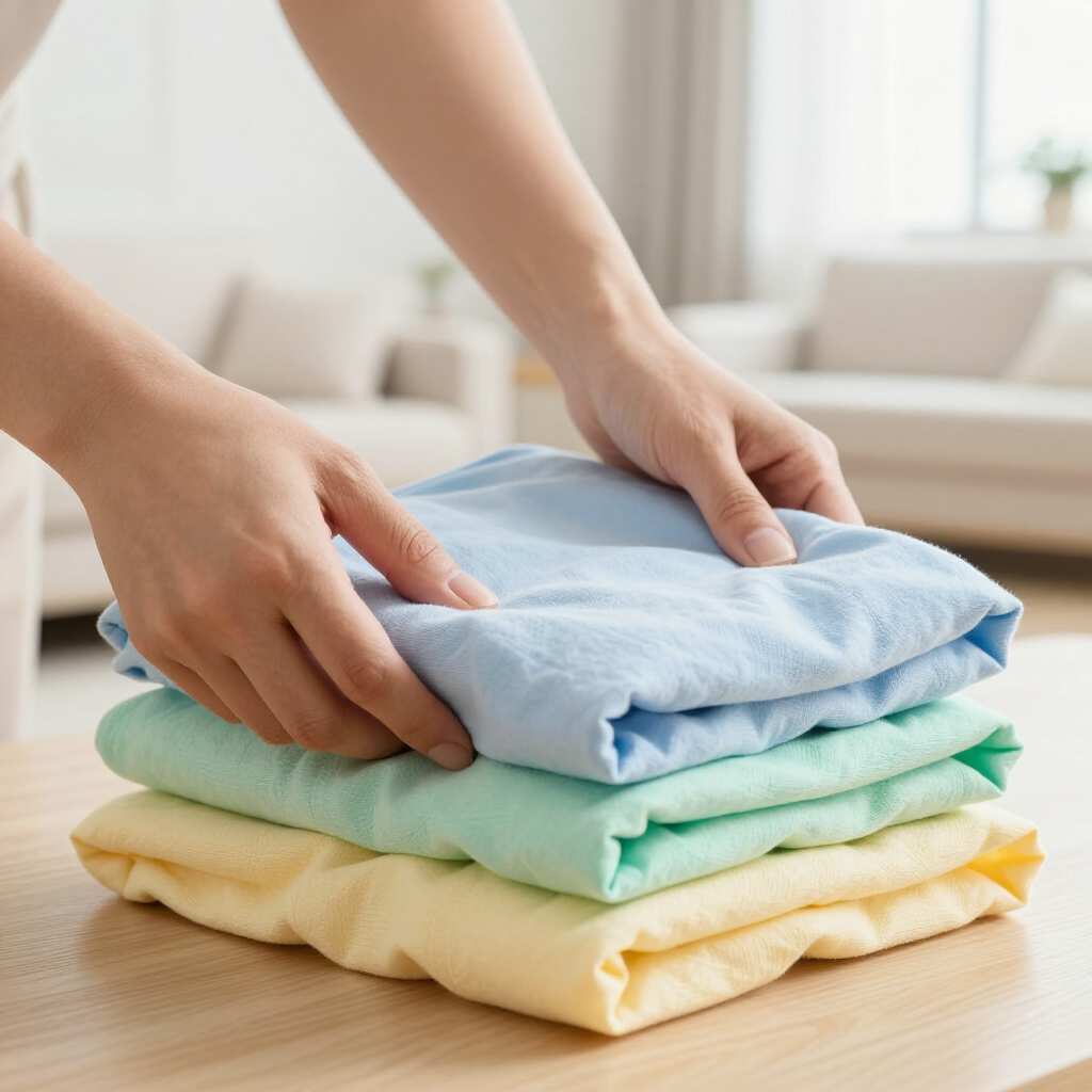 Hands folding pastel laundry on a wooden table