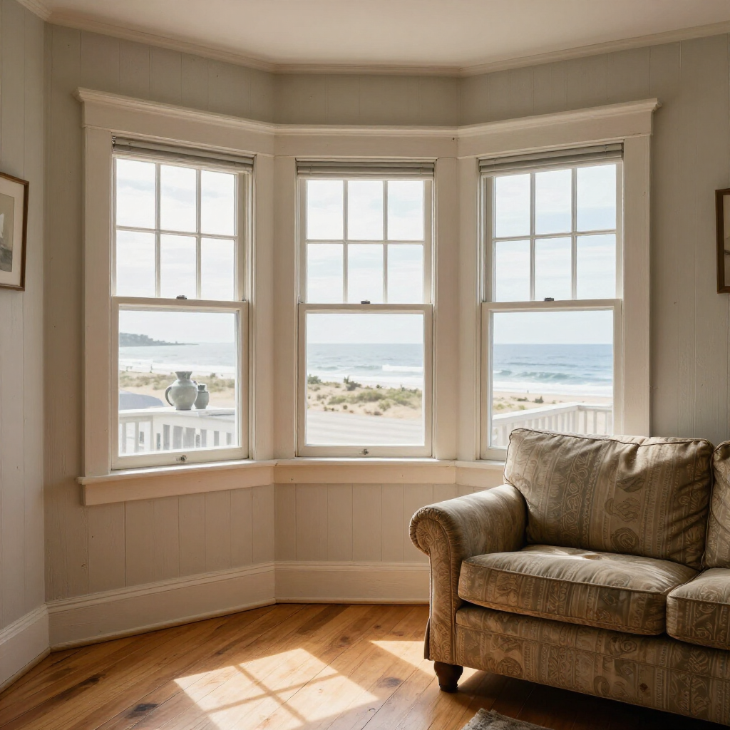 Cozy bay window room with ocean view, cream walls, and a patterned armchair