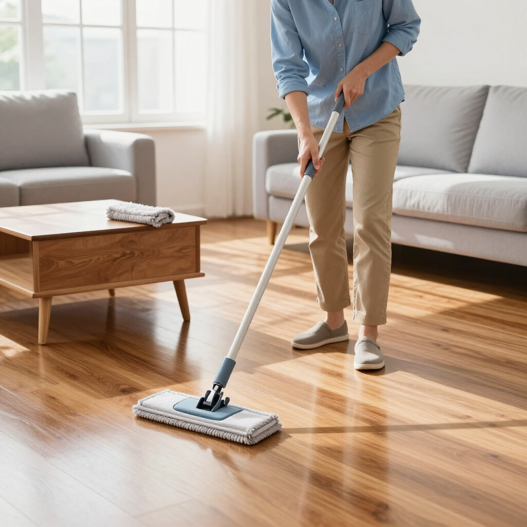 Person mopping a sunlit living room floor near a sofa and coffee table