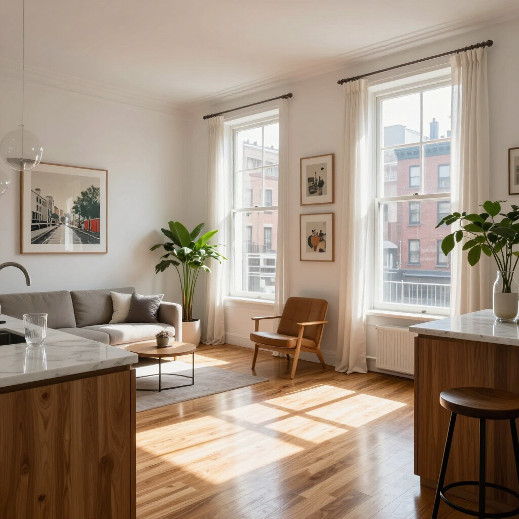 Sunlit modern living room with sofa, wooden chair, large windows, and potted plants