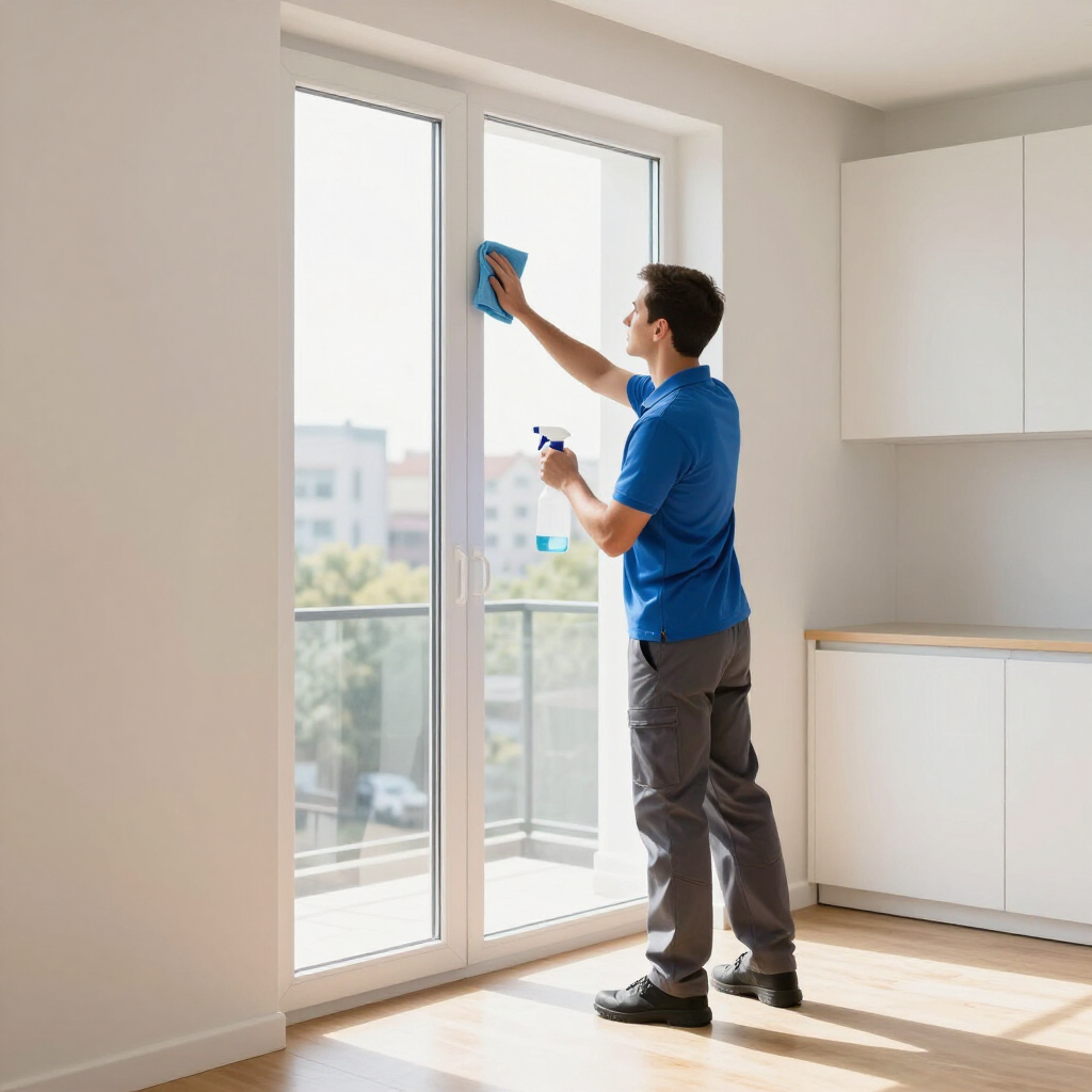 Person cleaning a large window with a spray bottle and cloth in a bright room