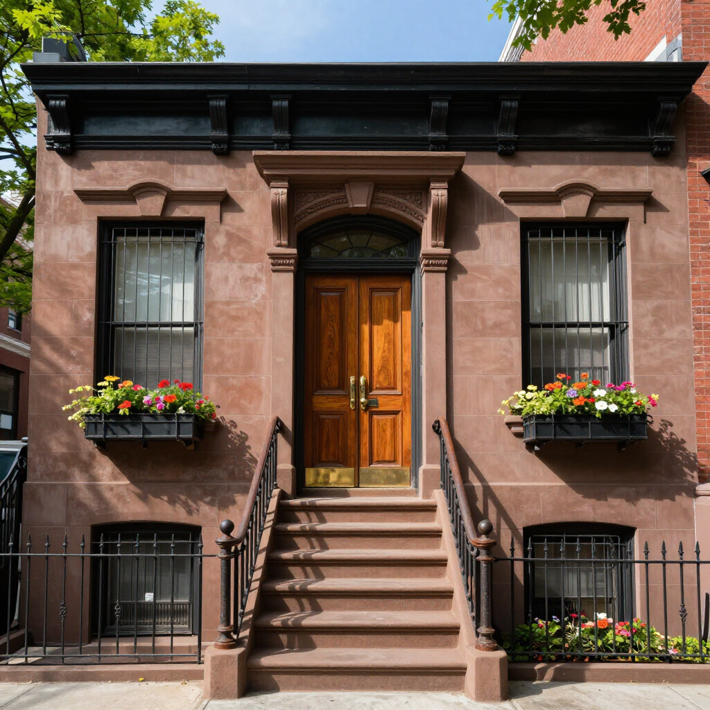 Brownstone townhouse entrance with wooden door, steps, wrought-iron railings, and flower boxes