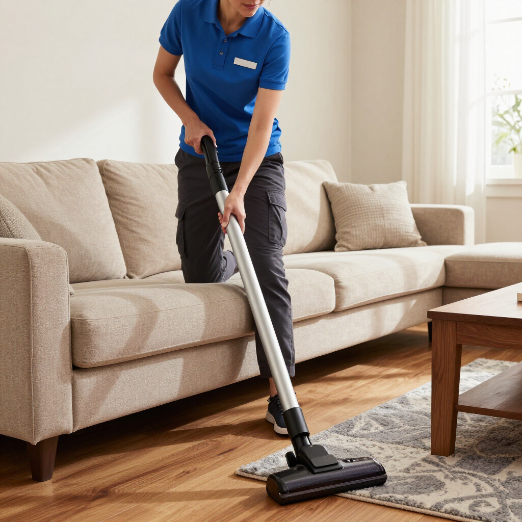 Person vacuuming a beige sofa and rug in a bright living room