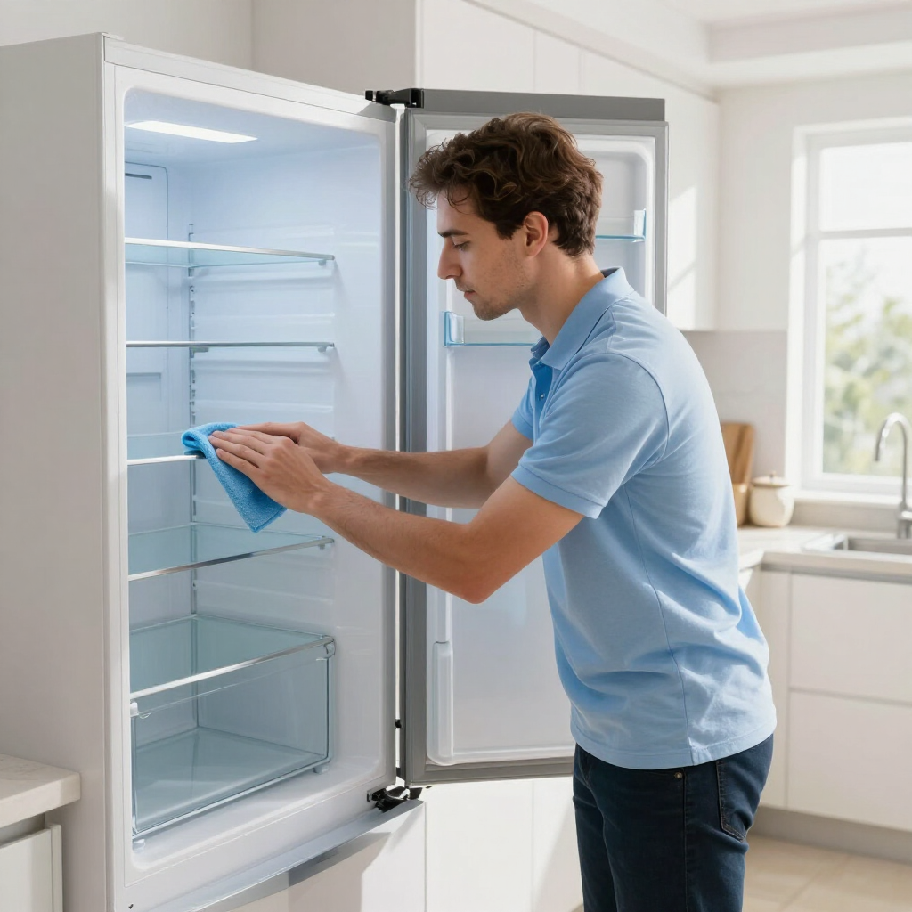 Man cleaning an empty white freezer with a blue cloth in a bright kitchen