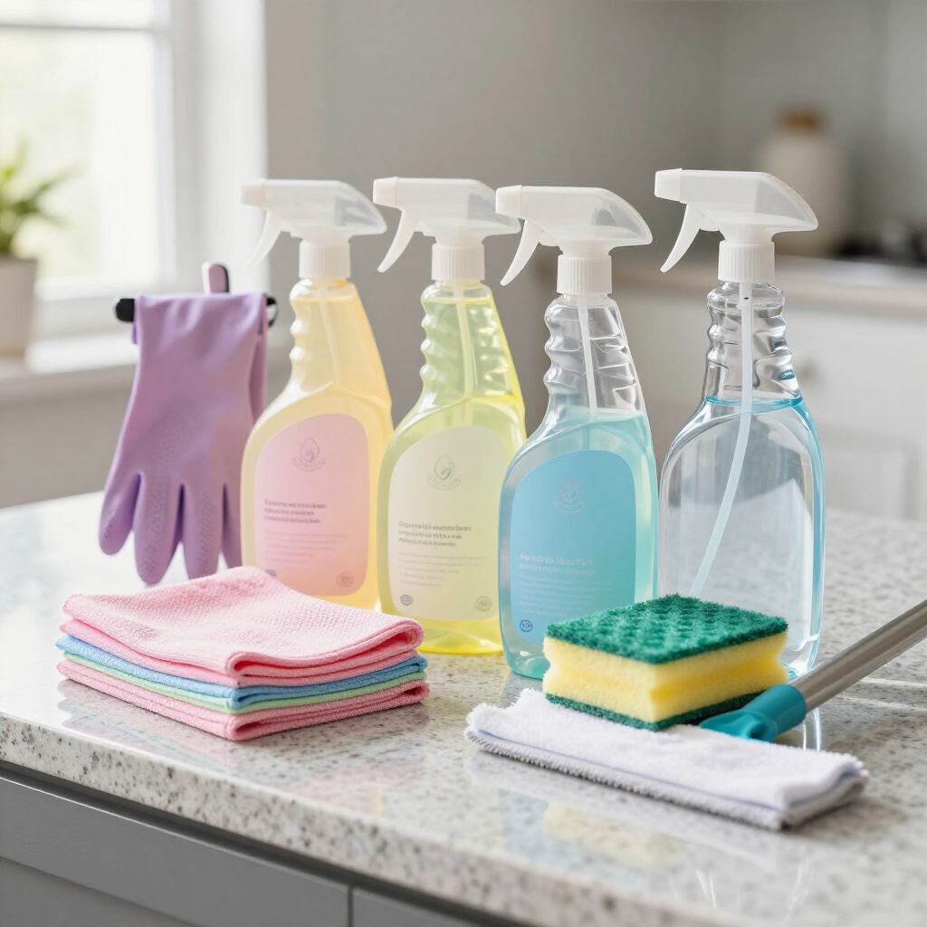 Cleaning supplies and cloths arranged on a kitchen counter near a window.