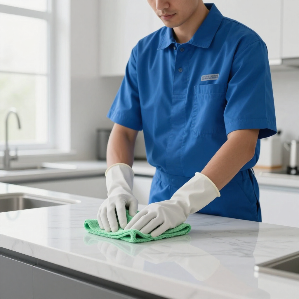 Person cleaning a white kitchen countertop with a green cloth, wearing blue uniform and white gloves