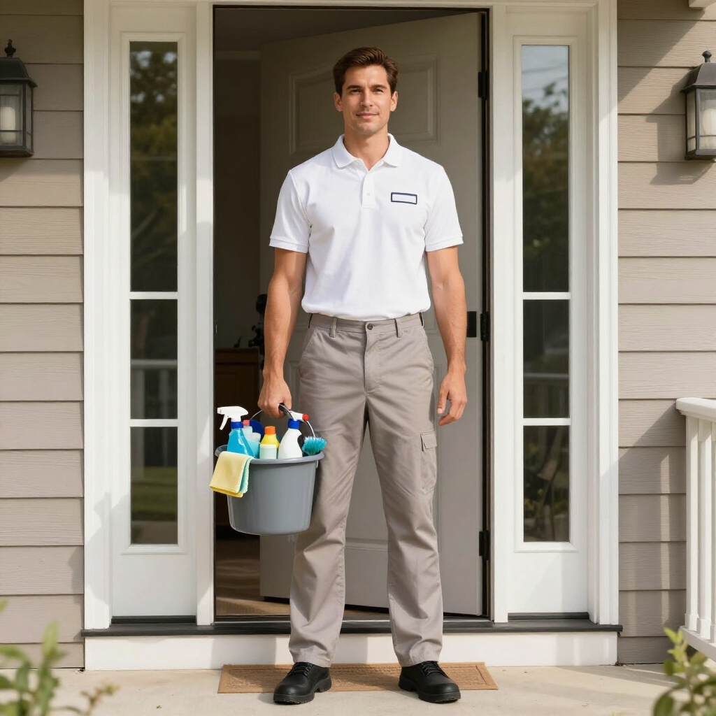 Delivery worker standing at a doorway holding a bucket of cleaning supplies