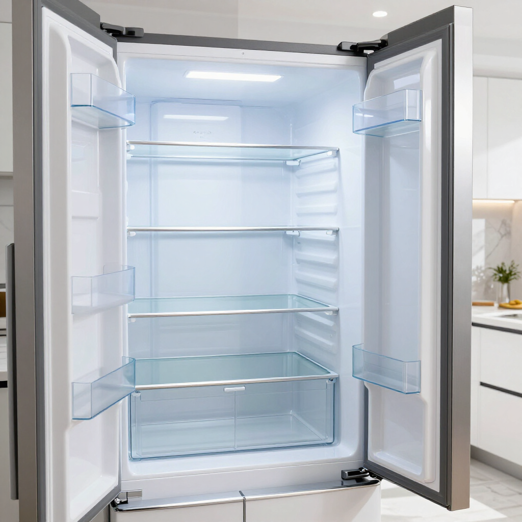 Open refrigerator with empty glass shelves and door bins, white interior and stainless exterior