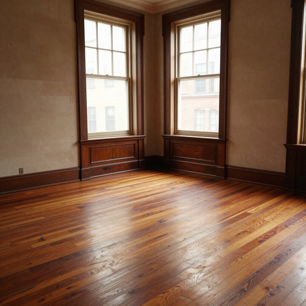 Empty room with polished wooden floors and two tall windows letting in soft daylight.