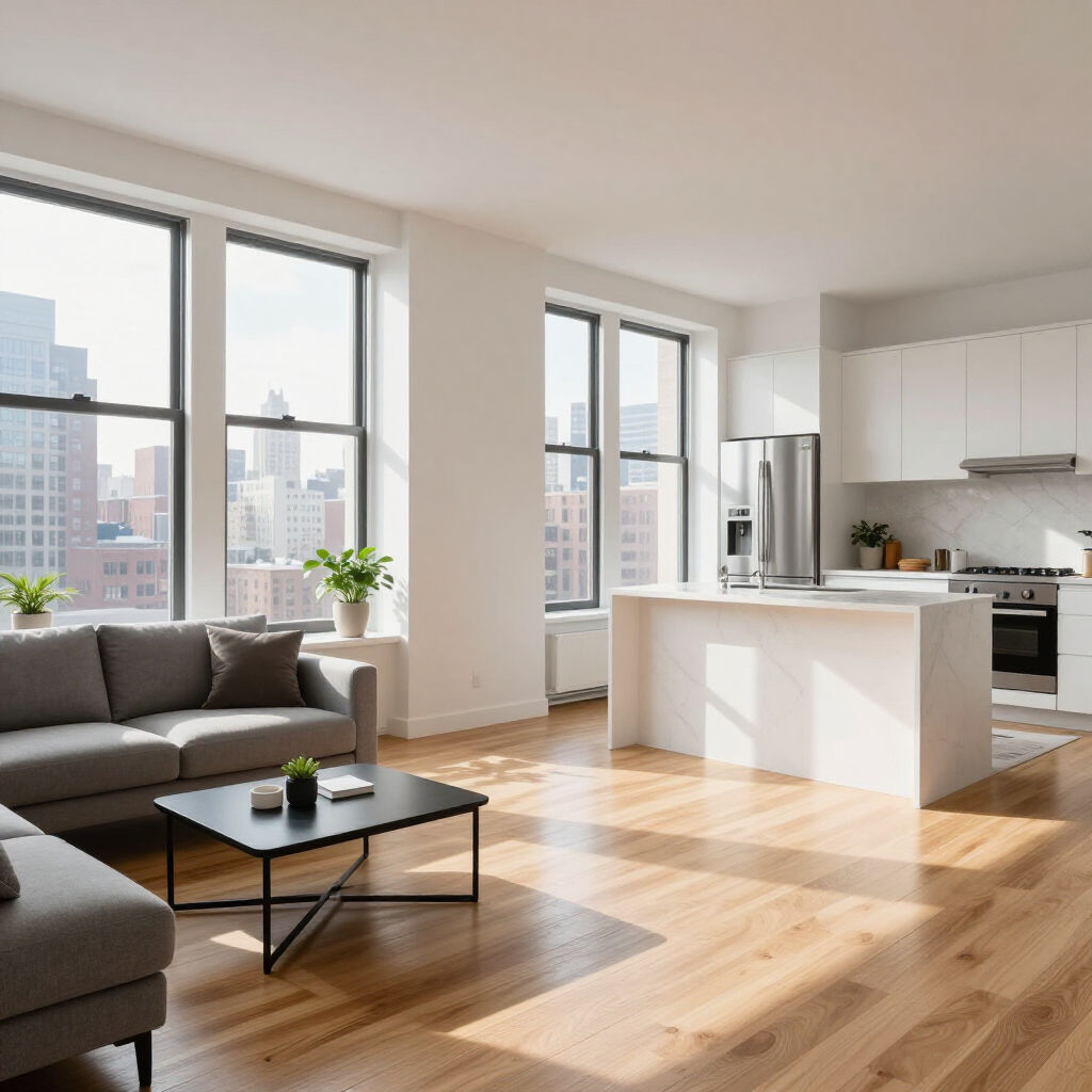 Bright modern living room with large windows, gray sofa, and open kitchen with white cabinets and wood floors
