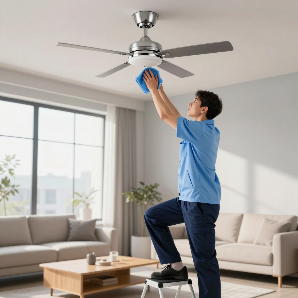 Person cleaning a ceiling fan in a bright living room with a blue cloth