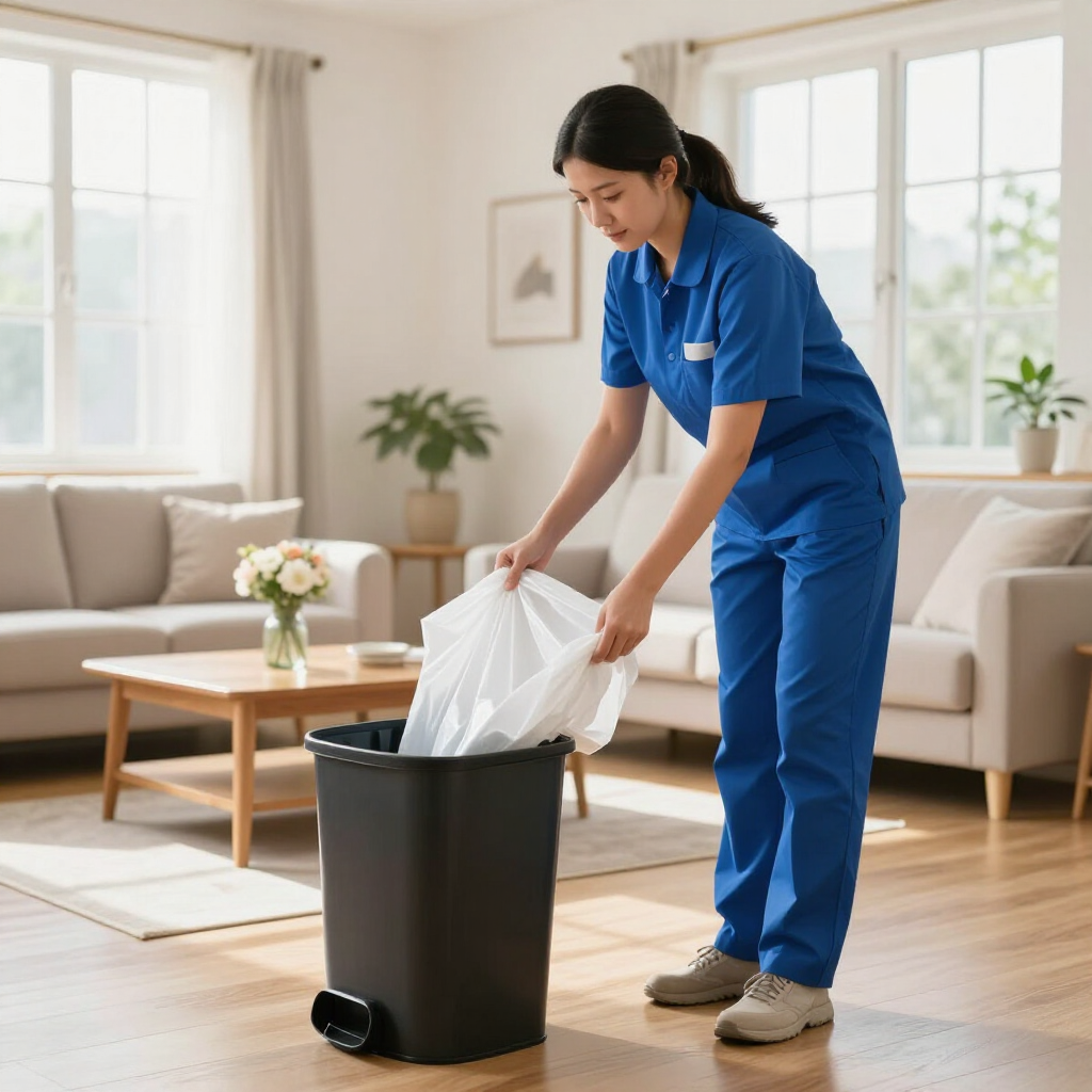 Woman in blue scrubs placing a trash bag into a black bin in a bright living room