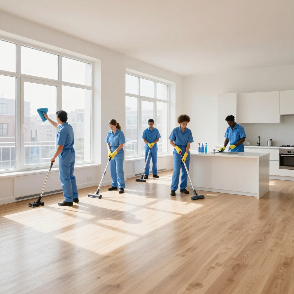 Cleaning crew mops a bright modern kitchen and living room with large windows and hardwood floors