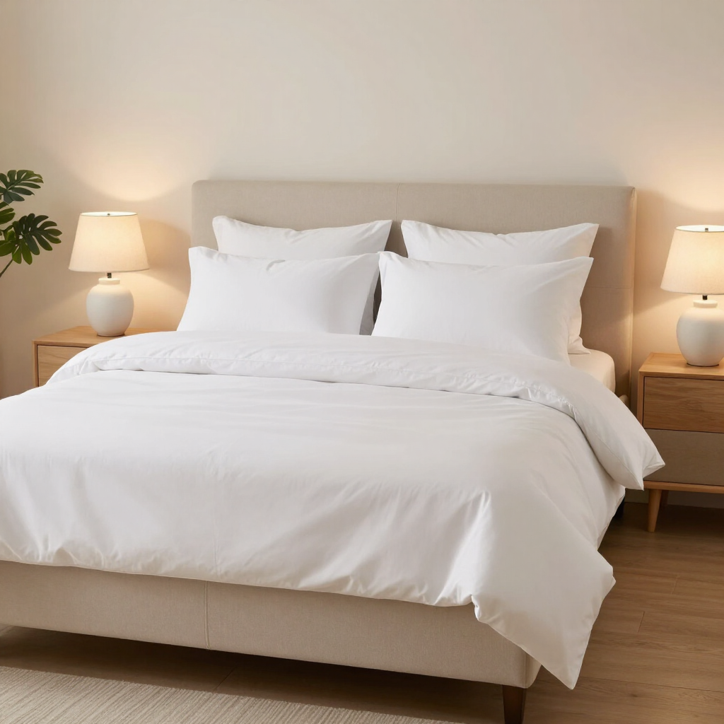 Bright bedroom with a neatly made white bed and matching bedside lamps on wooden tables