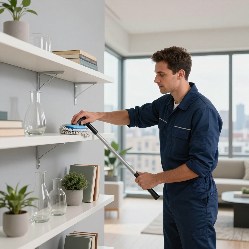 Man in blue coveralls dusts white shelves in a bright office