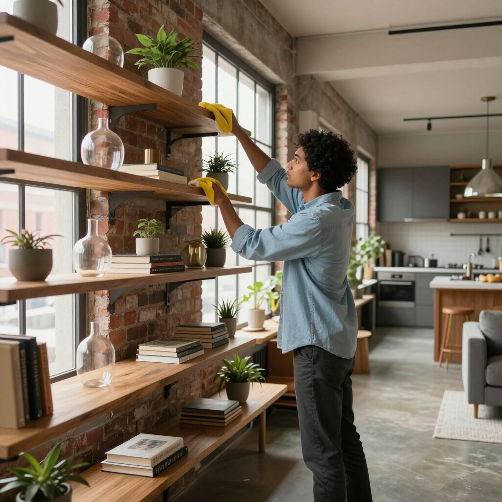 Person arranging plants on shelves in a bright, modern living room