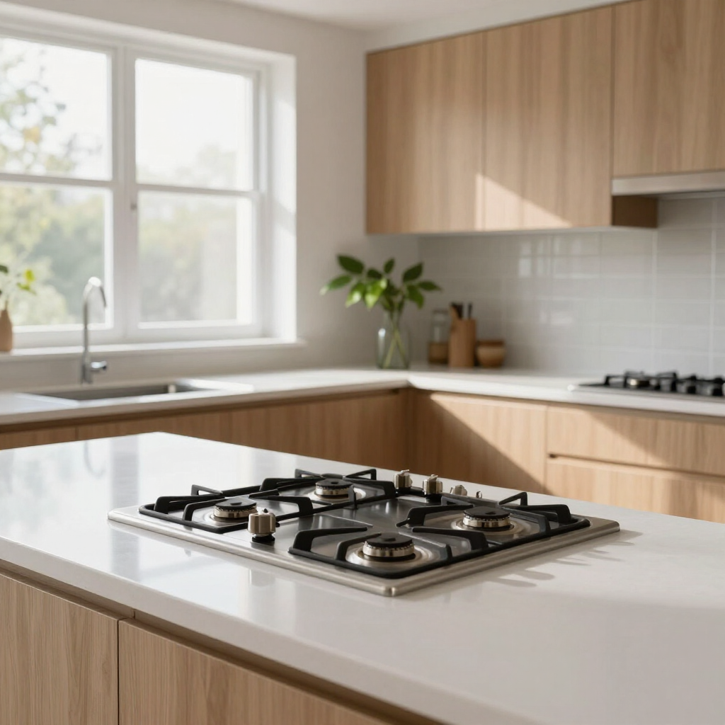 Modern kitchen with white island countertop, gas cooktop, wood cabinets, and a bright window