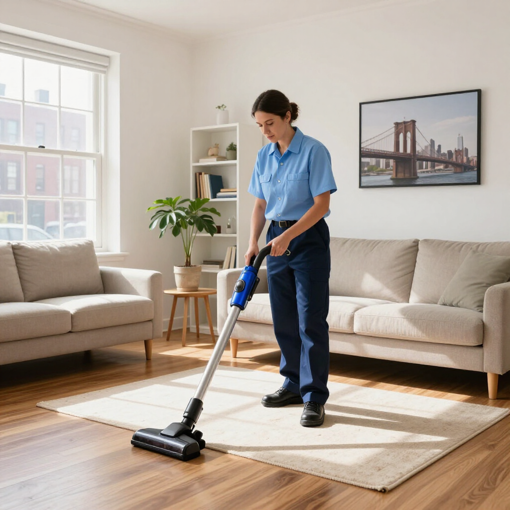 Person vacuuming a beige rug in a bright living room with a gray sofa and wall art.
