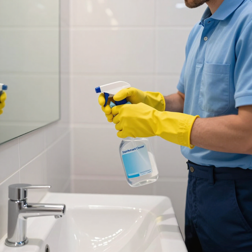 Person in yellow gloves cleaning a bathroom sink with spray cleaner next to a mirror