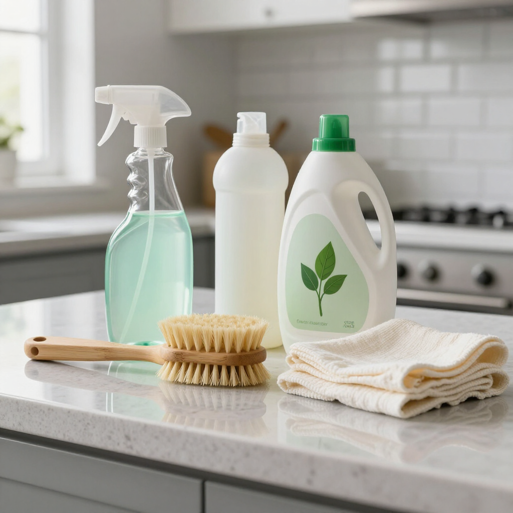 Cleaning supplies on a kitchen counter: spray bottle, detergent, scrub brush, and folded towels.
