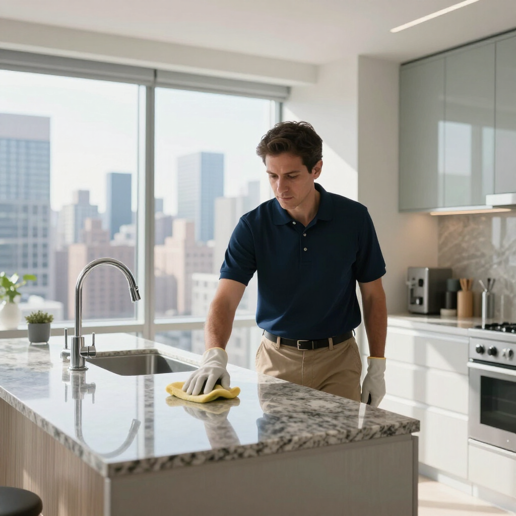 Man wiping a kitchen island with a cloth in a bright modern apartment kitchen