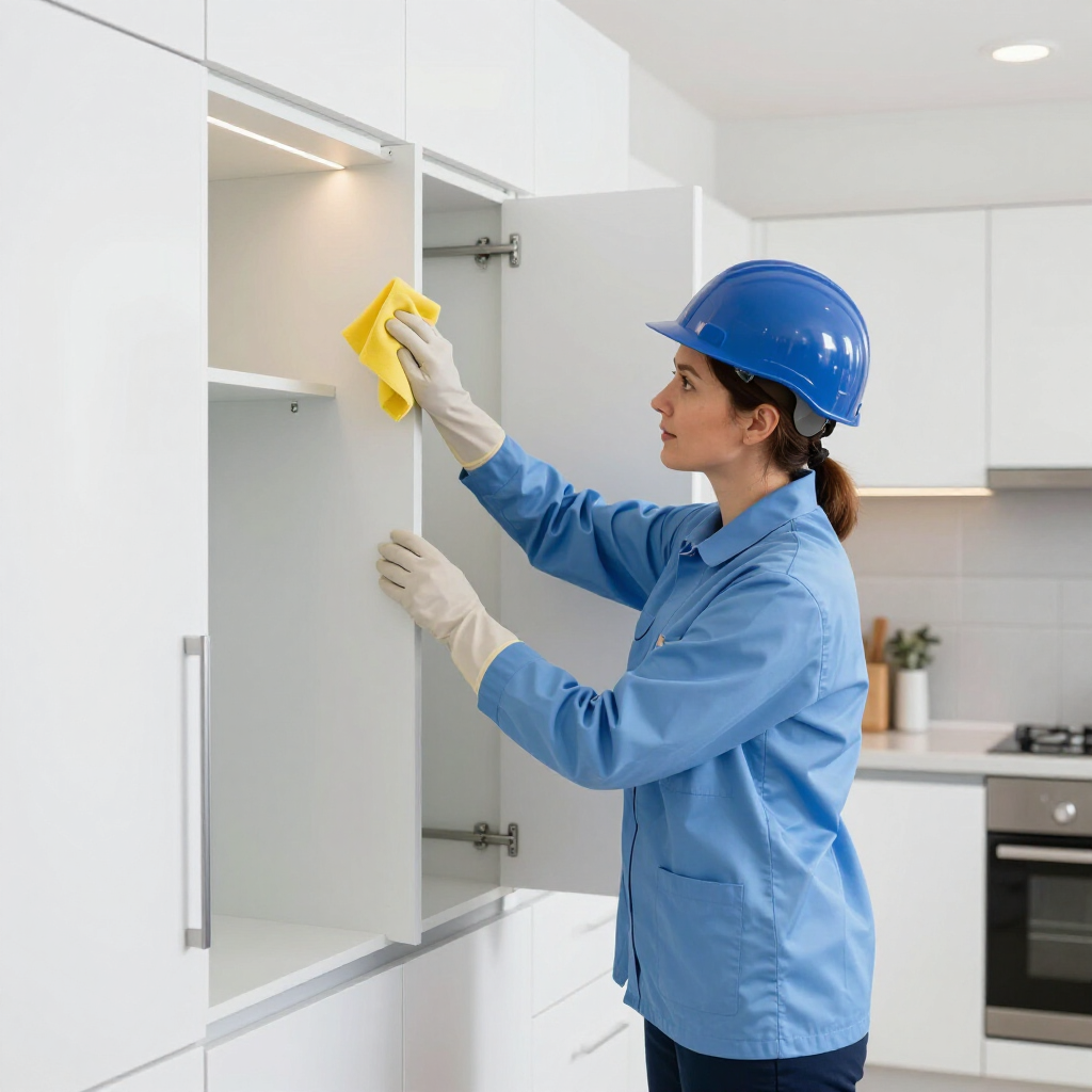 Worker in blue uniform cleaning a white kitchen cabinet with a yellow cloth