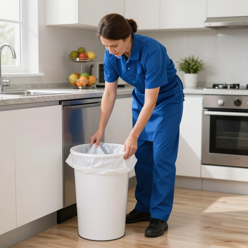 Person in blue workwear replacing a trash liner in a kitchen trash can