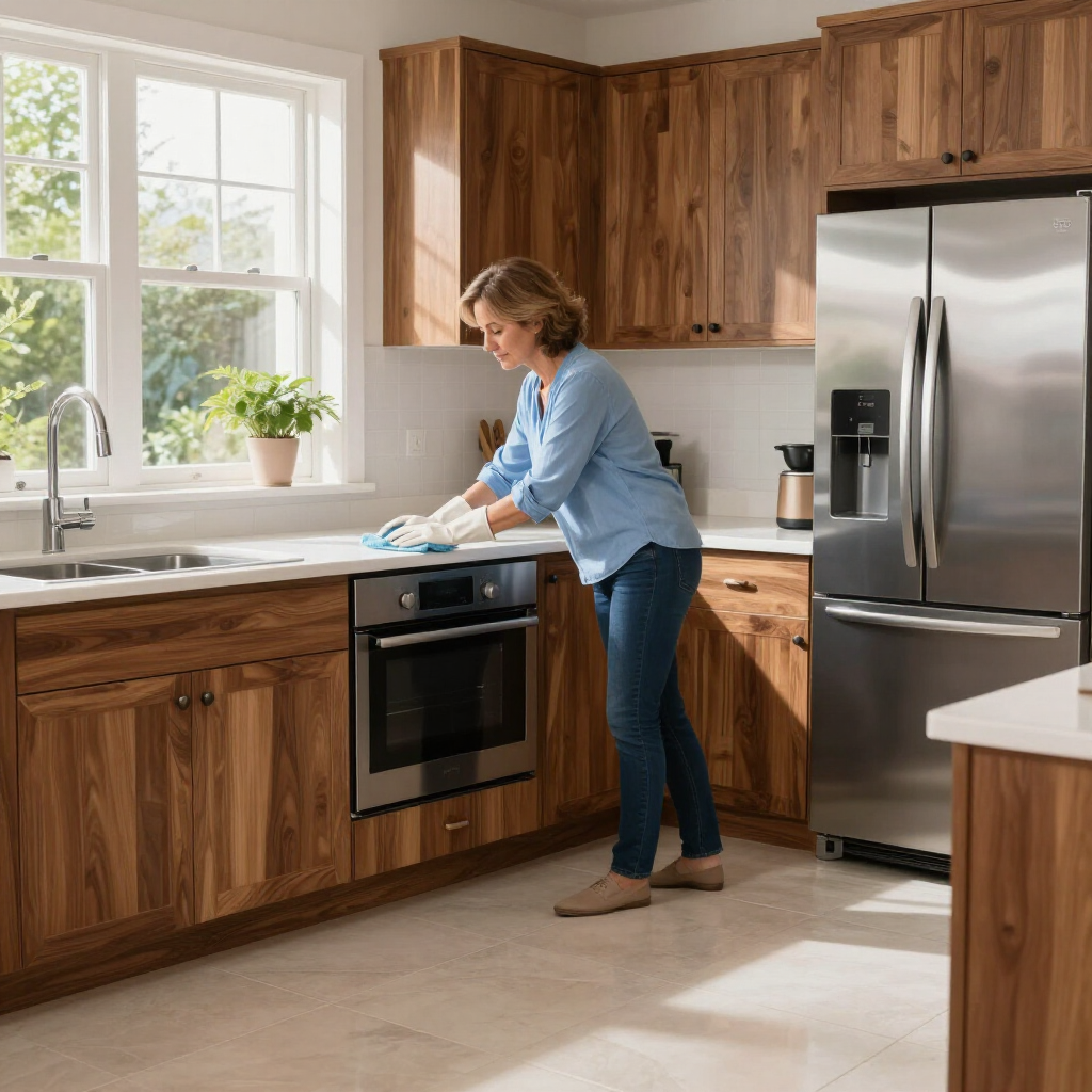 Person cleaning a kitchen counter beside a stainless steel stove and refrigerator in a bright wood-cabinet kitchen