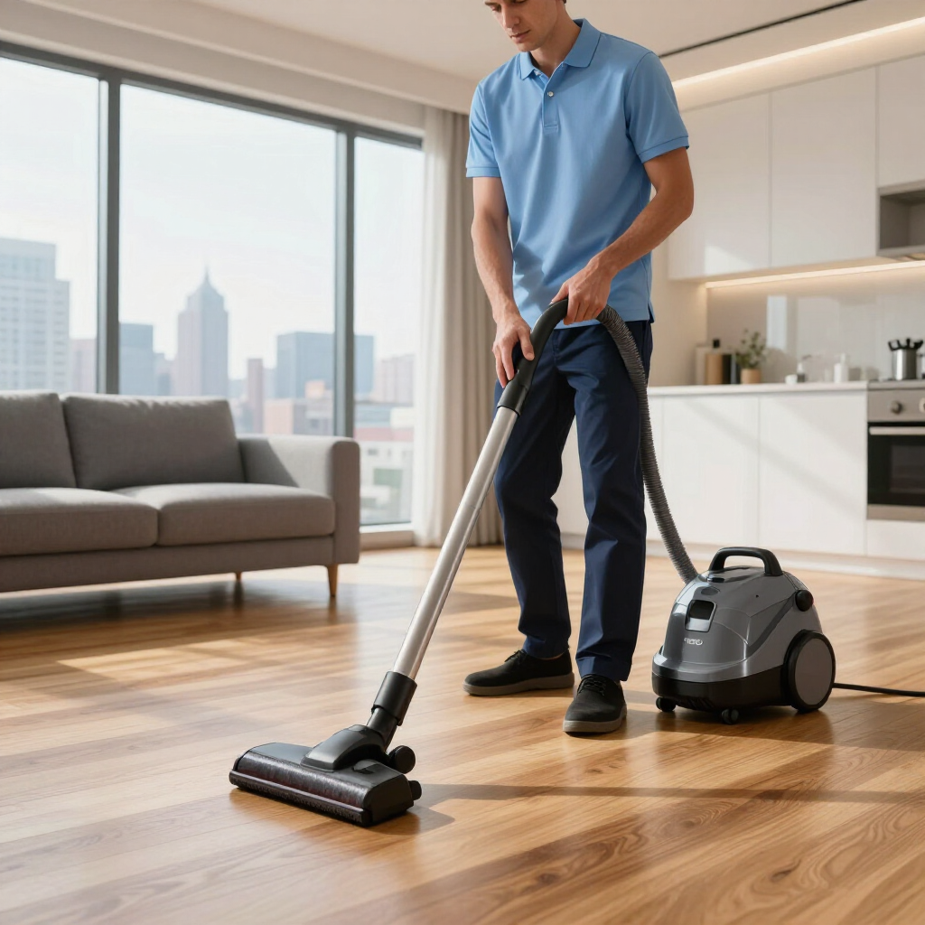 Person vacuuming hardwood floor in a modern living room with large windows and city view