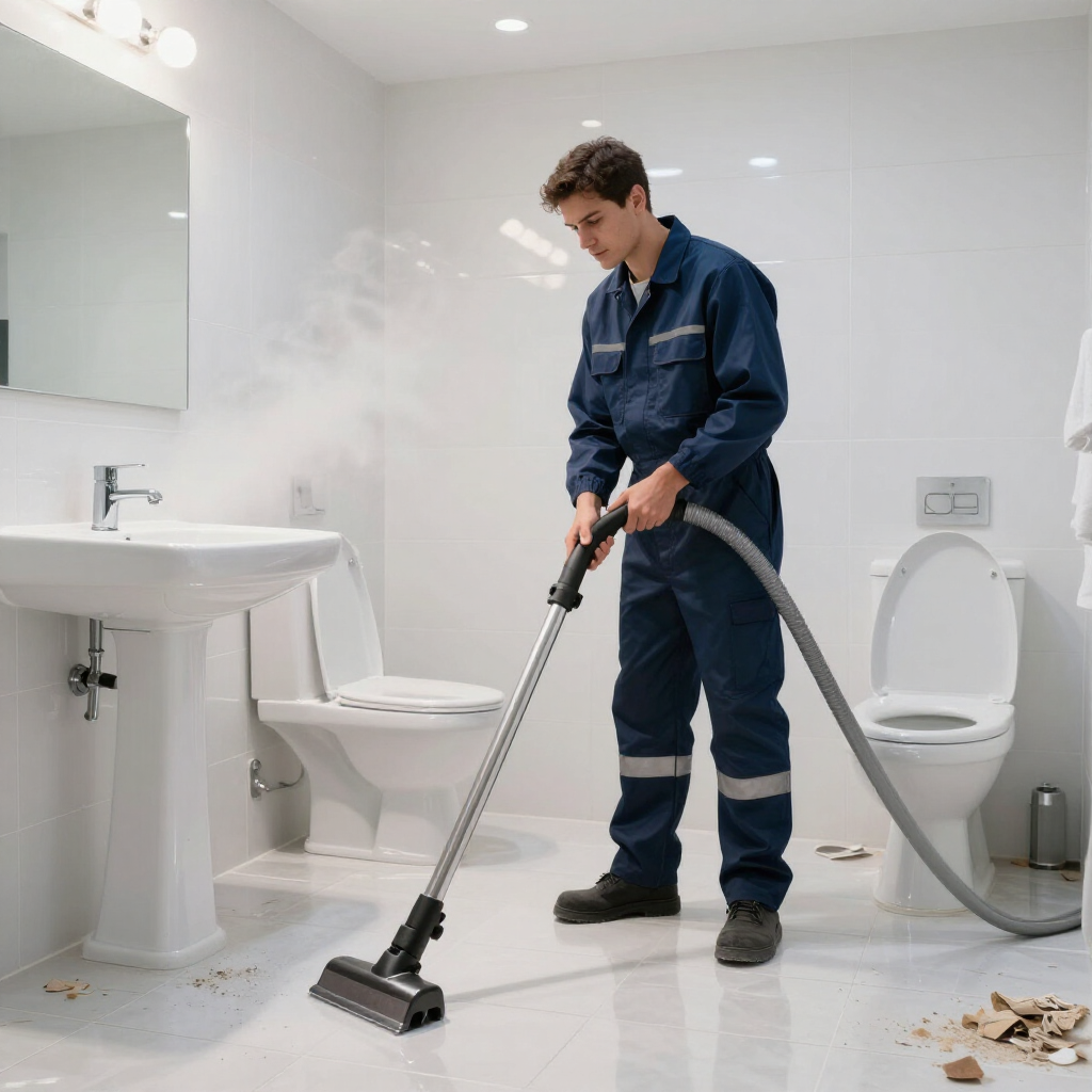 Cleaner steam-cleaning a white bathroom with sink, toilet, and tiled walls