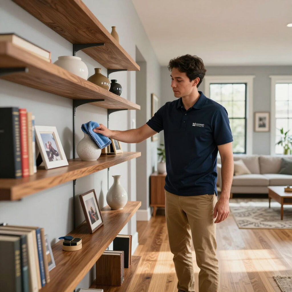 Man dusting wooden shelves in a bright living room with framed photos and decor