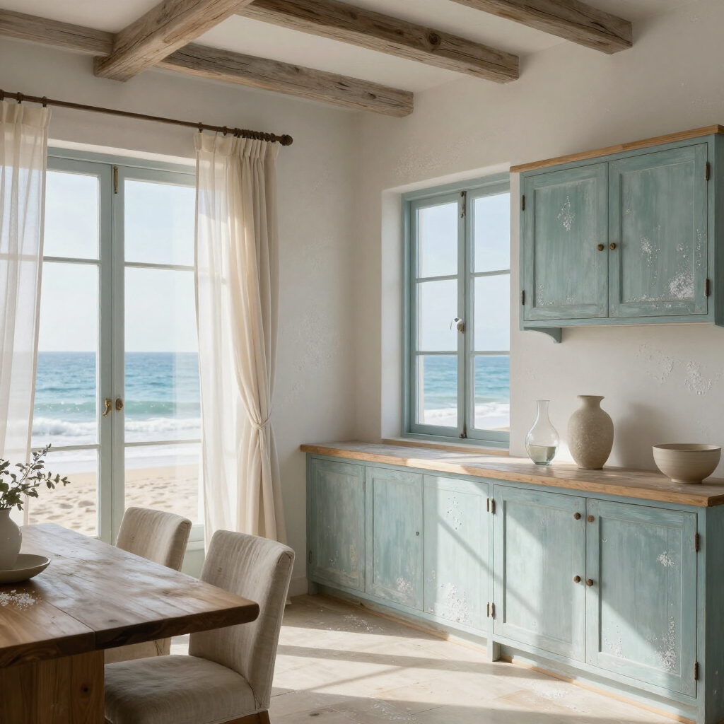 Bright seaside kitchen with blue cabinets, wooden table, and sunlight through windows