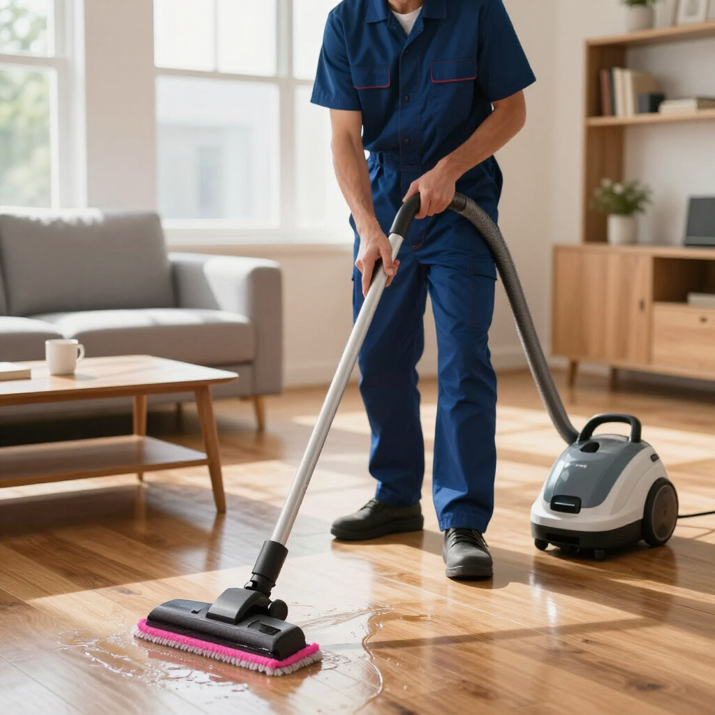 Worker vacuuming a wet hardwood floor with a canister vacuum in a bright living room