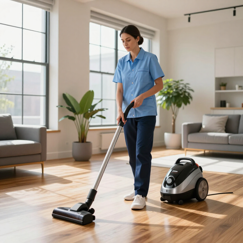 Woman vacuuming a sunlit living room with a black upright vacuum nearby