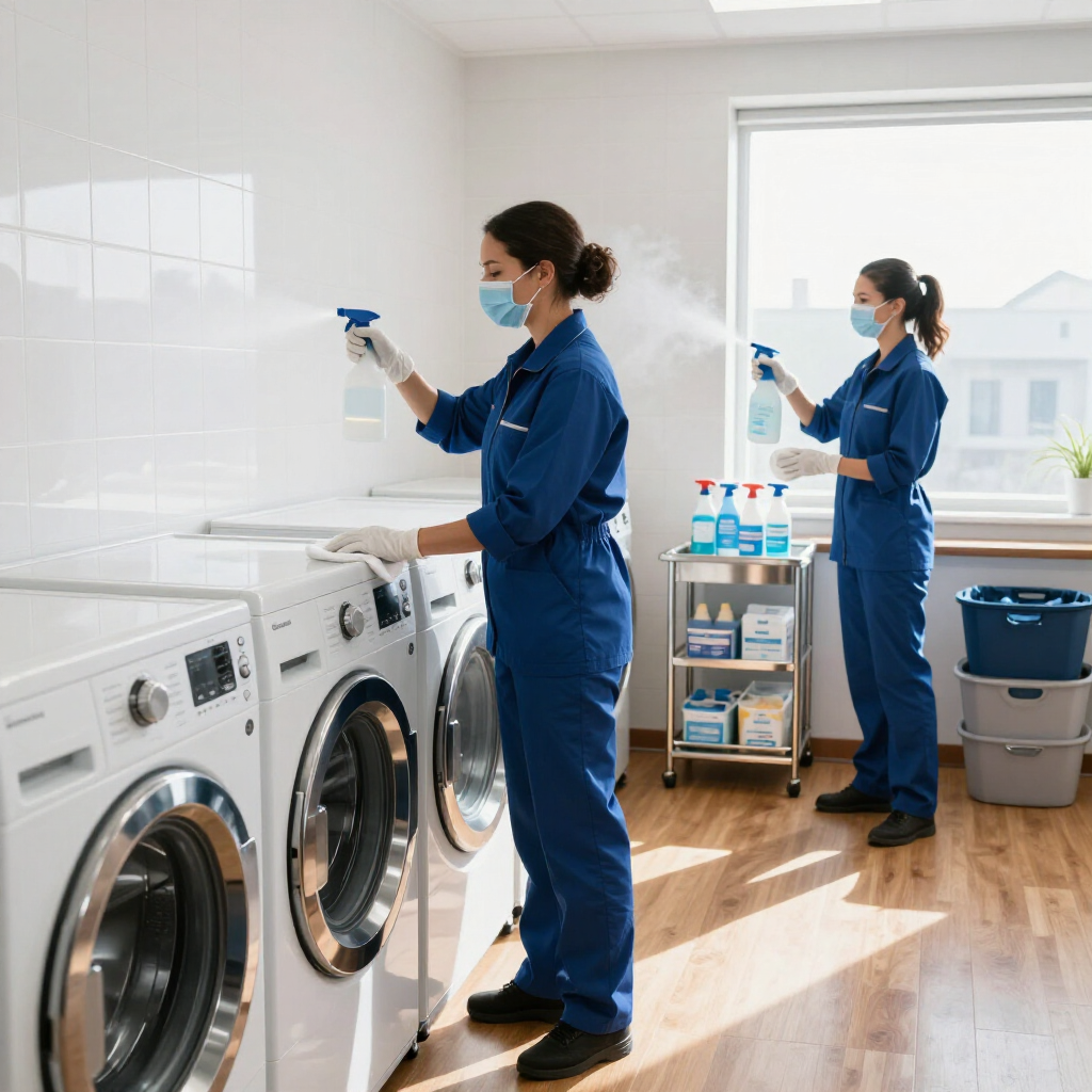 Two masked cleaners in blue uniforms disinfecting a laundromat with washers and cleaning supplies