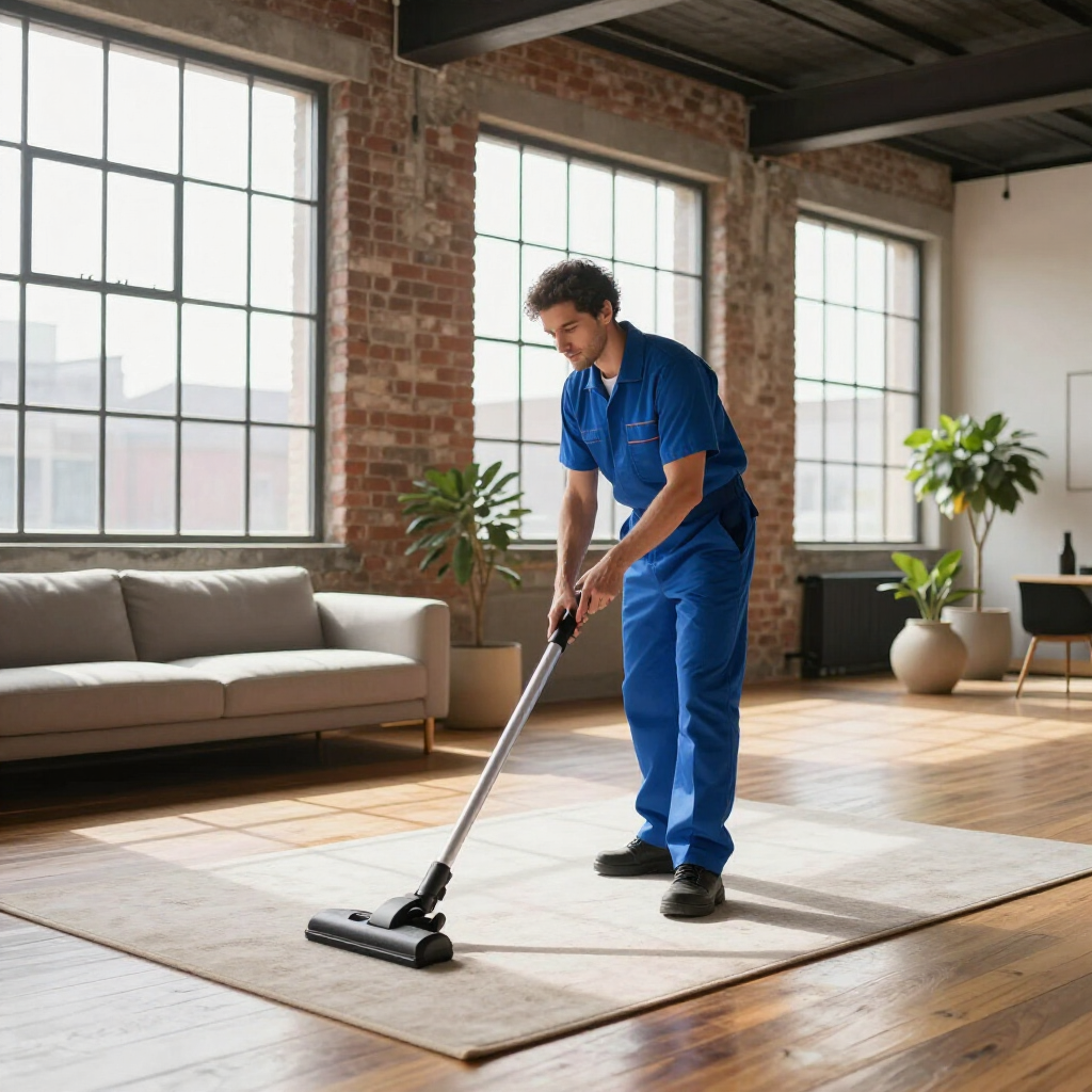 Person vacuuming a beige rug in a bright loft living room