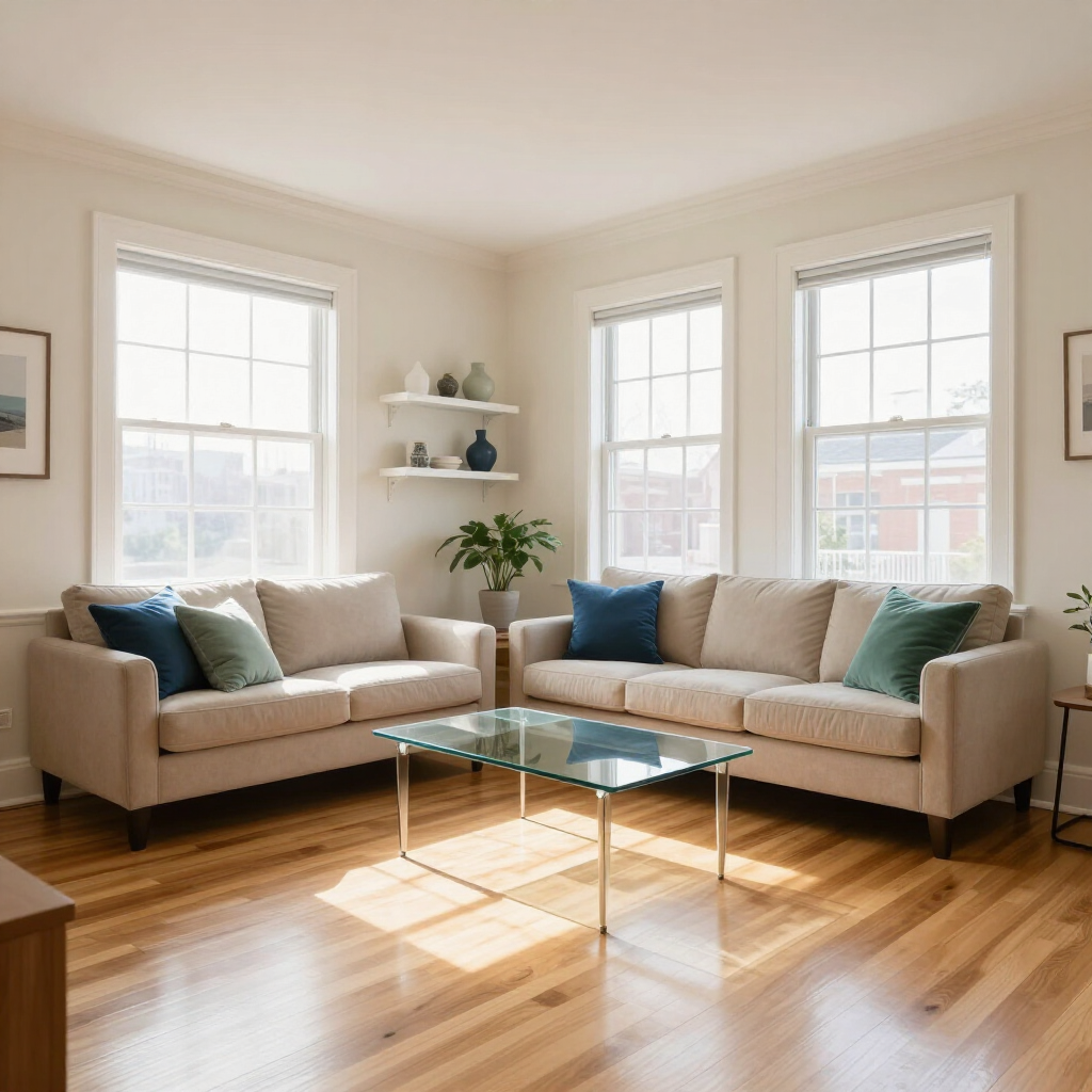 Bright living room with beige sofas, blue pillows, glass coffee table, and sunlight through large windows