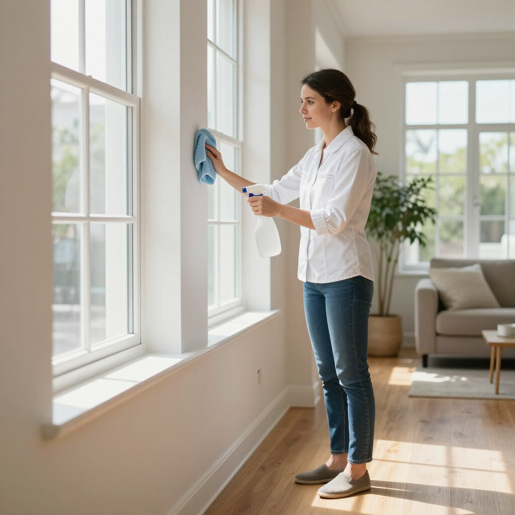 Woman wiping a bright window with a blue cloth in a sunlit living room